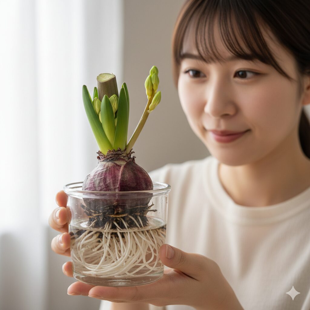 ヒヤシンス水栽培 いつまで9 一番花をカットした後、脇から小さな蕾の二番花が顔を出しているヒヤシンスの球根。