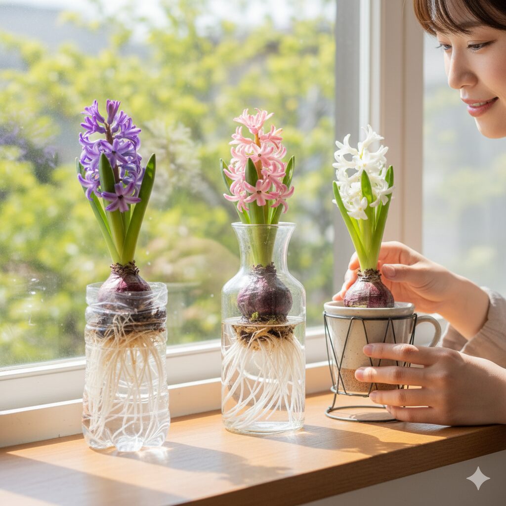ヒヤシンス水栽培 容器 手作り1　手作りのペットボトル容器や100均の瓶で楽しむヒヤシンスの水栽培。窓辺で花を咲かせる様子。