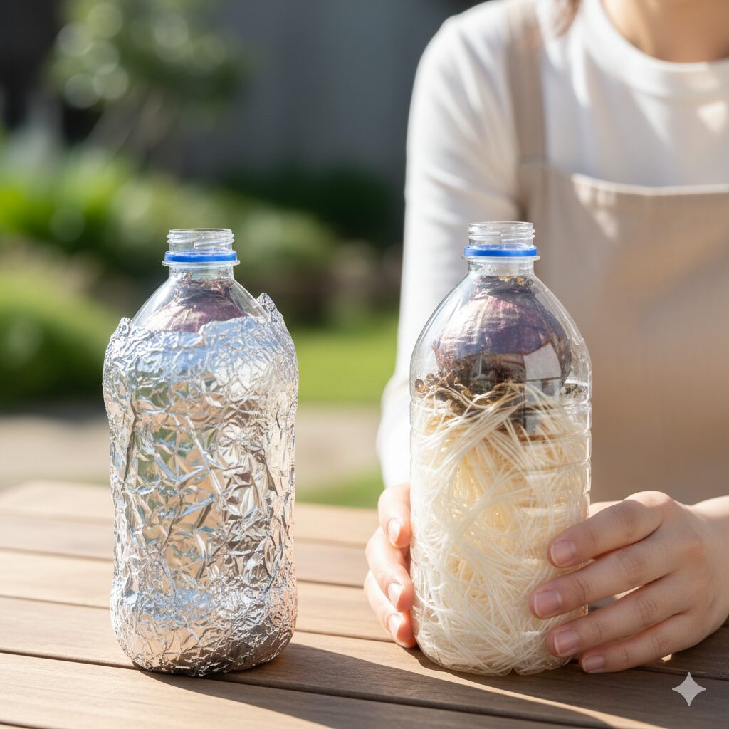 ヒヤシンス水栽培 容器 手作り10 ヒヤシンスの根を強く育てるためのアルミホイルによる遮光管理と発根の様子。