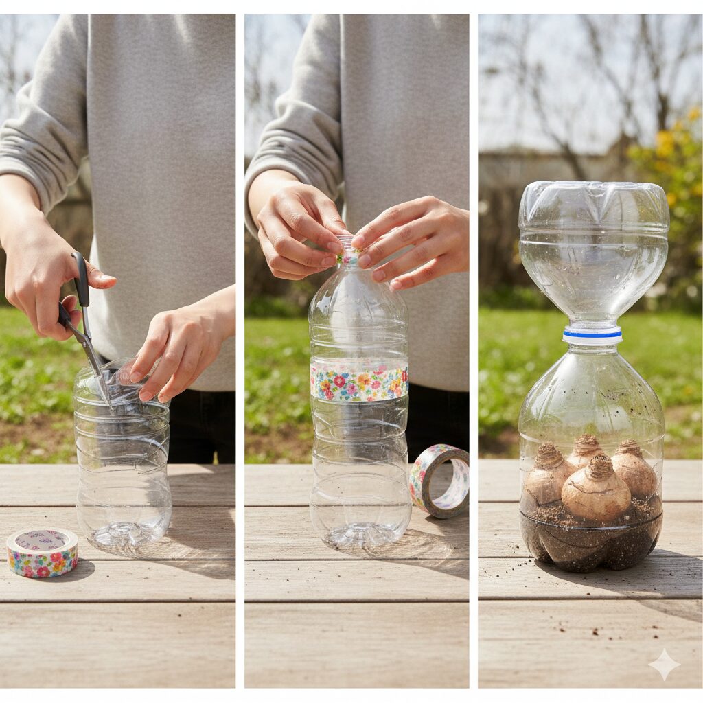 ヒヤシンス水栽培 容器 手作り2 ペットボトルをカットして作るヒヤシンス水栽培用自作容器の製作工程。