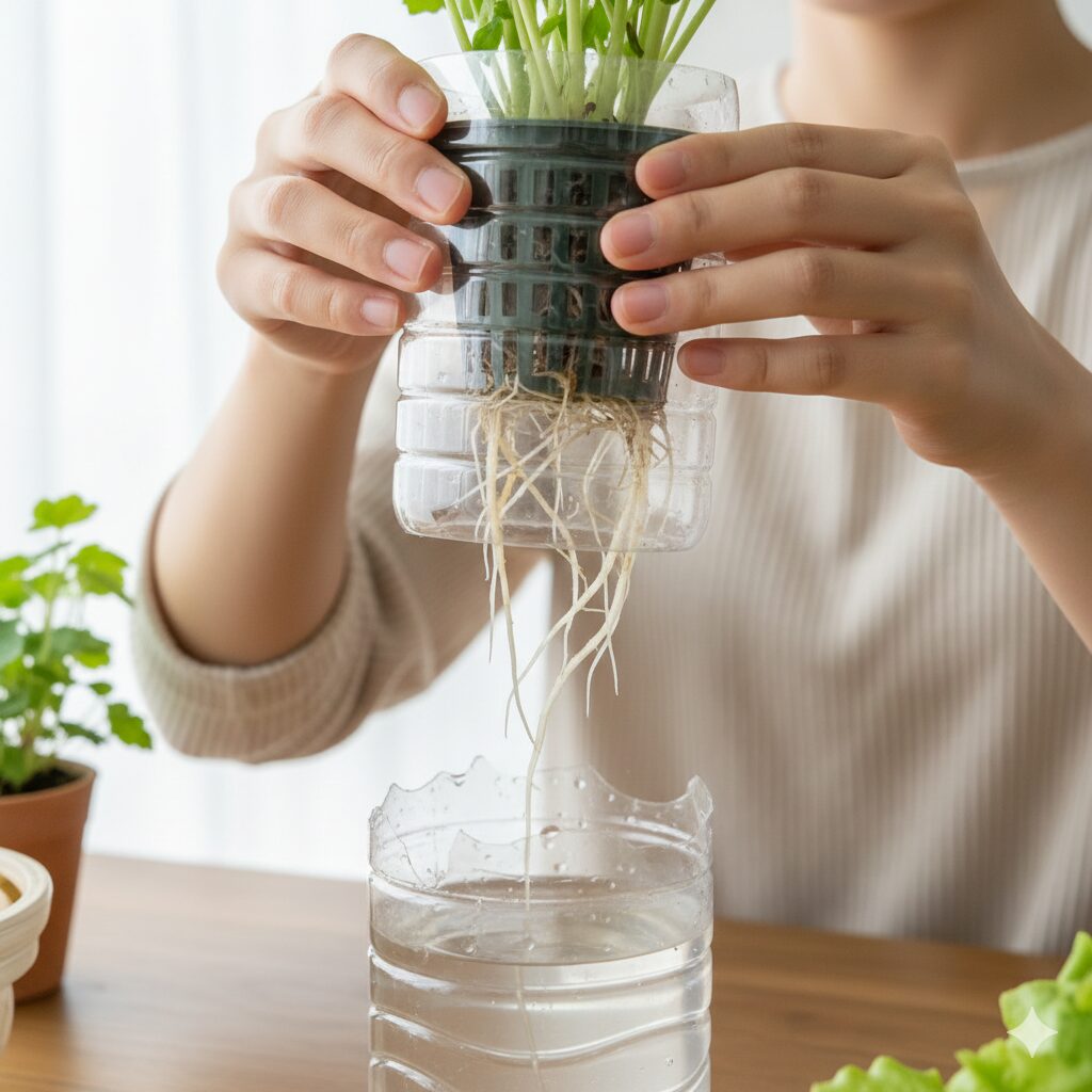 ヒヤシンス水栽培 容器 手作り3 ペットボトル自作容器のメリット。根に触れず簡単に水換えができる様子。