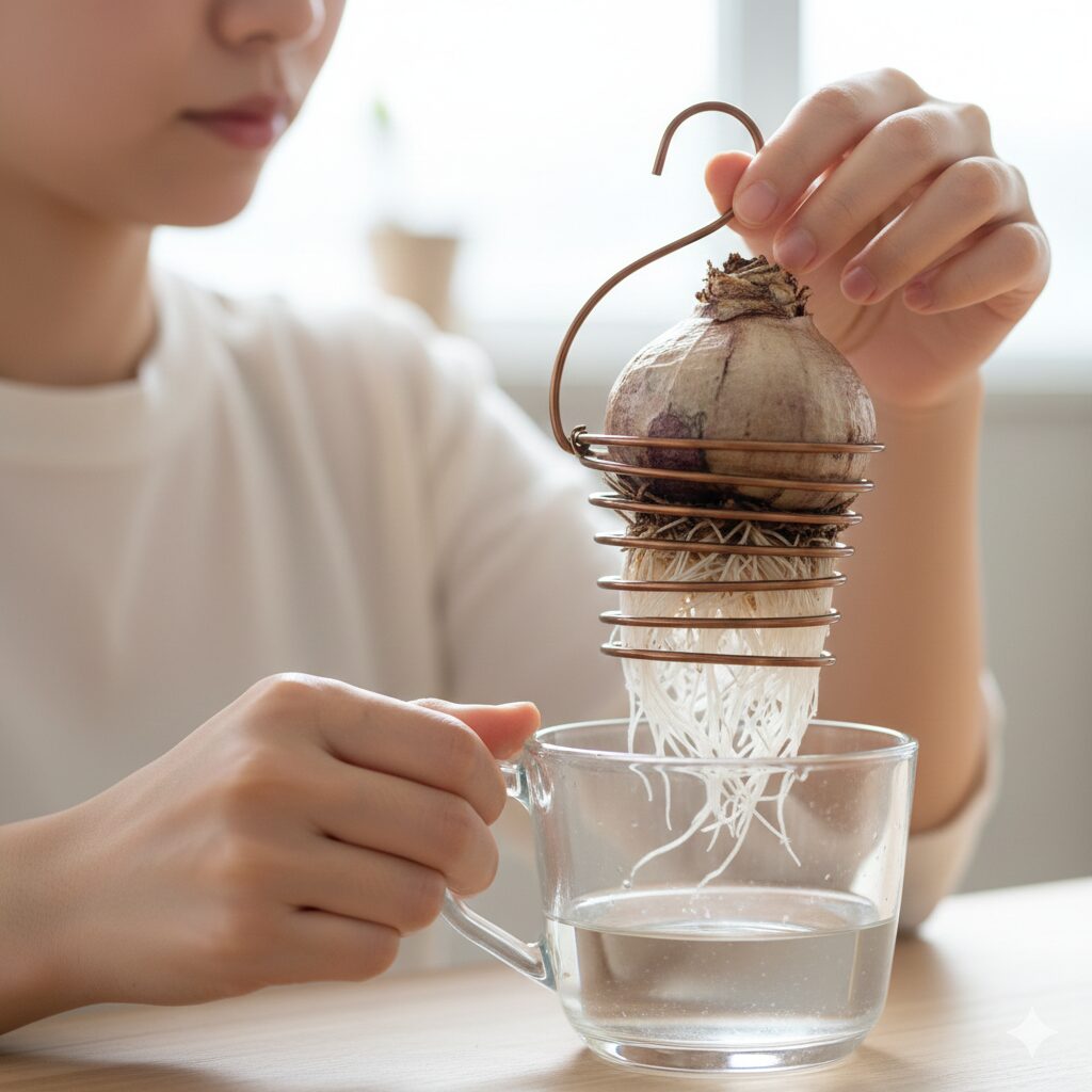 ヒヤシンス水栽培 容器 手作り5 広口の容器に使える自作アルミワイヤーホルダー。球根を安定して固定する工夫。