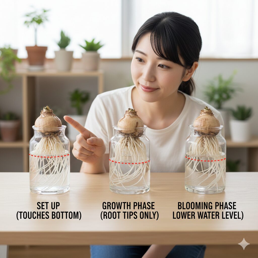 ヒヤシンス水栽培 容器 手作り9 根腐れを防ぐヒヤシンス水栽培の成長段階別水位ガイド。