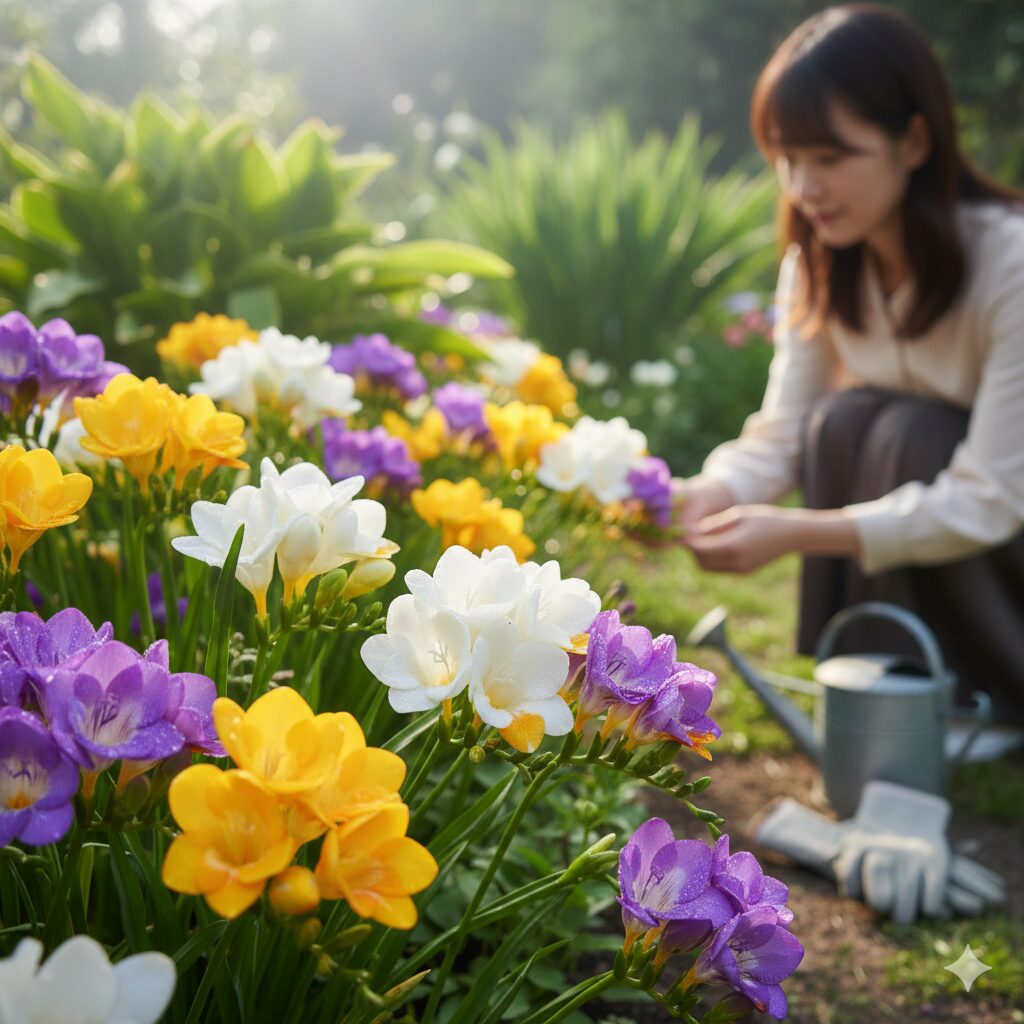 フリージア 何月1　春の庭で満開に咲き誇る色とりどりのフリージアの花壇