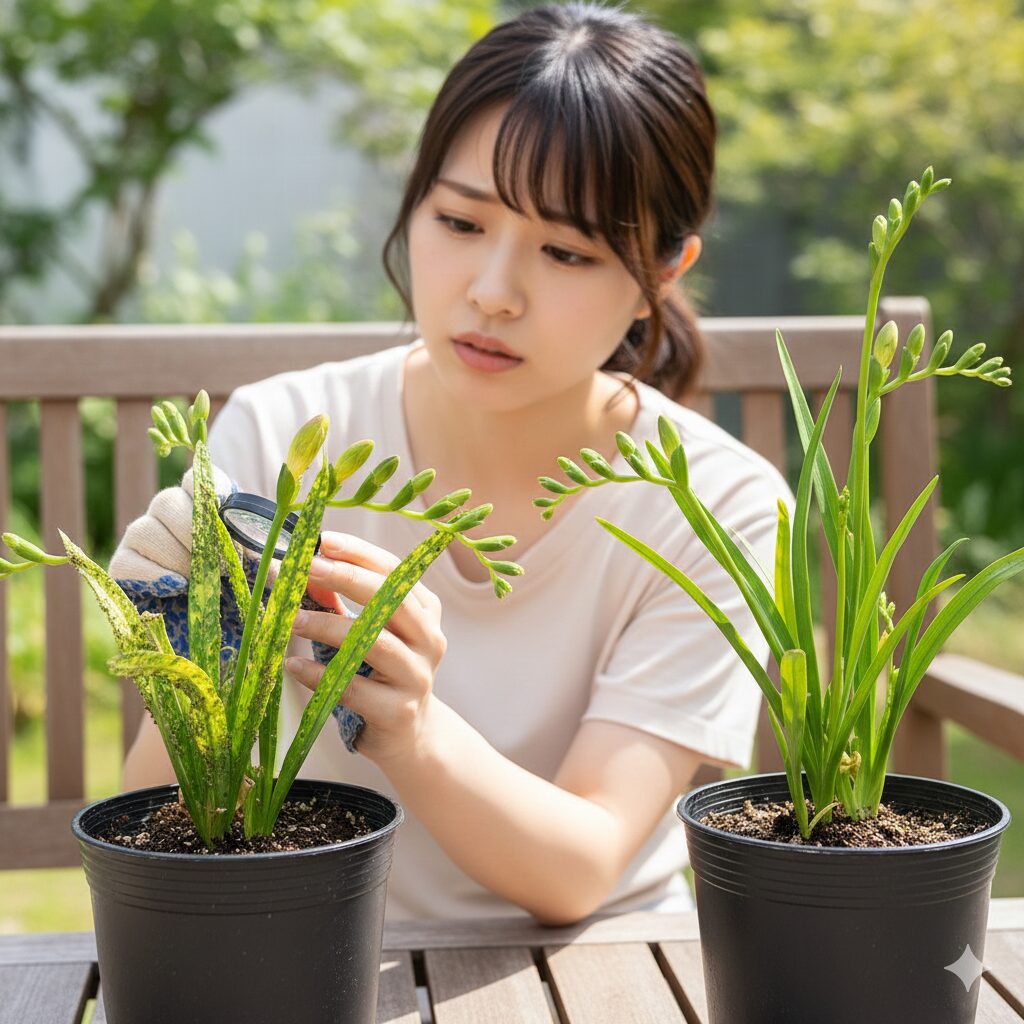 フリージア 何月10　アブラムシの被害とモザイク病にかかったフリージアの葉と蕾の症状