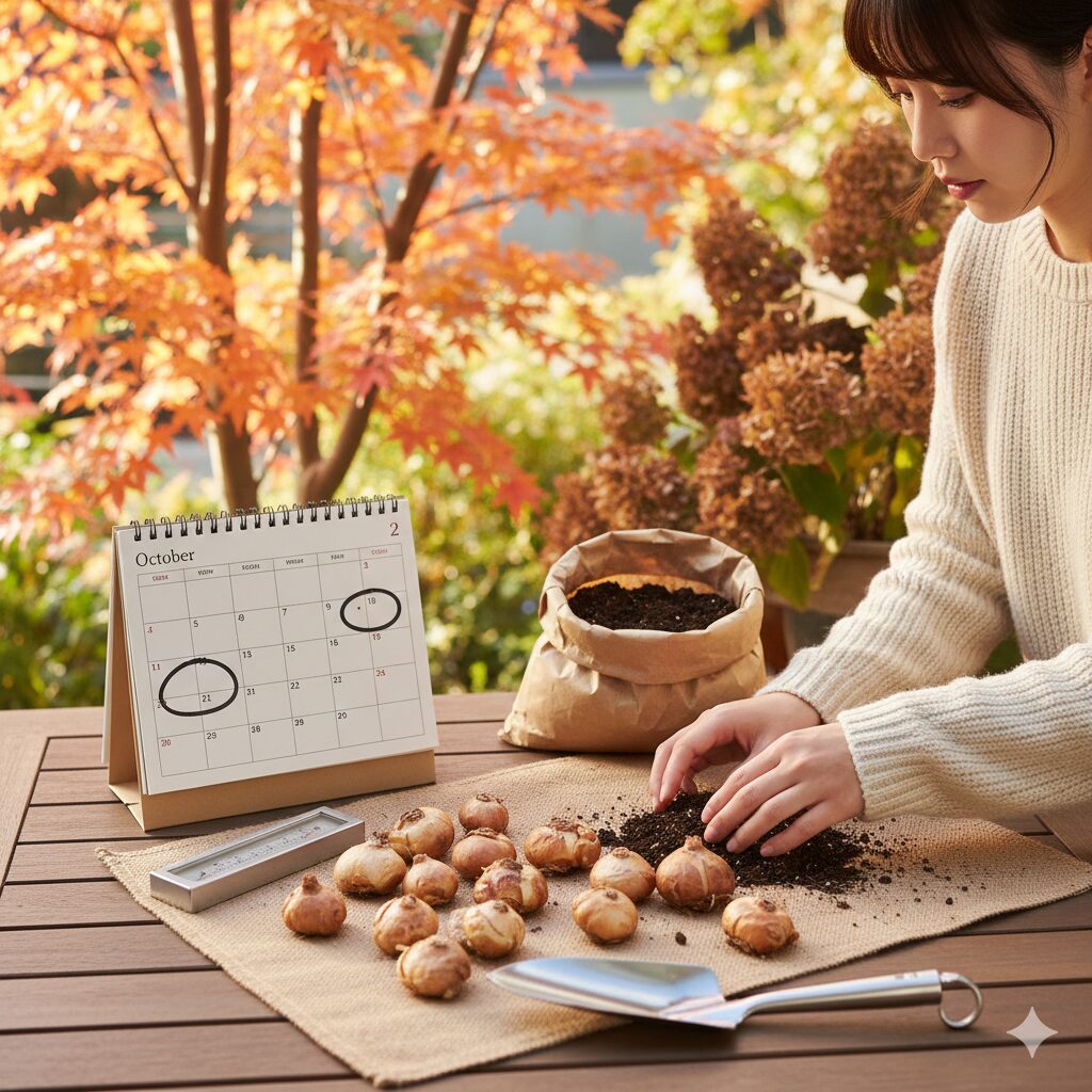 フリージア 何月2　秋の植え付け準備が整ったフリージアの球根とカレンダー、温度計