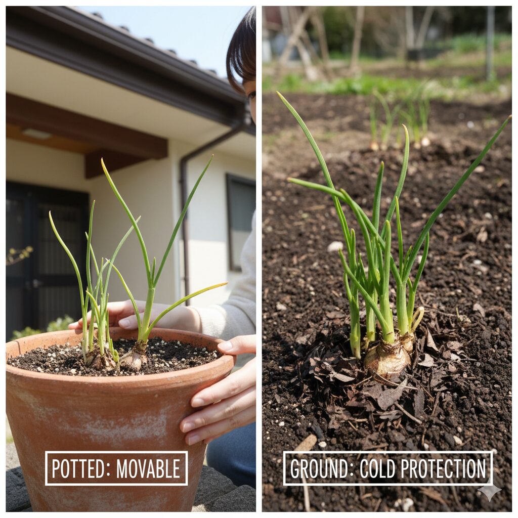 フリージア 何月3　フリージアの鉢植え（軒下管理）と地植え（マルチング防寒）の比較写真