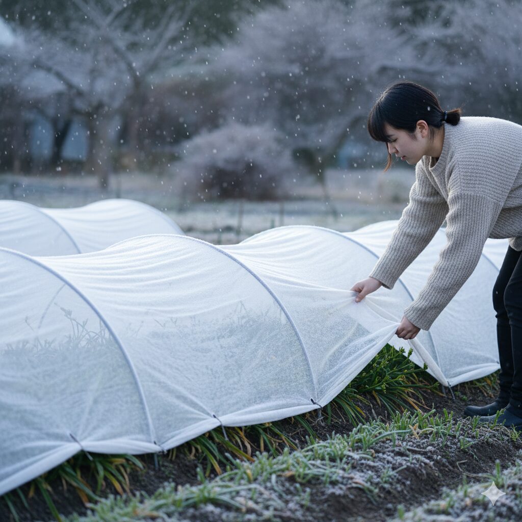 フリージア 何月4　冬の寒さからフリージアを守るために不織布でトンネル掛けをした様子