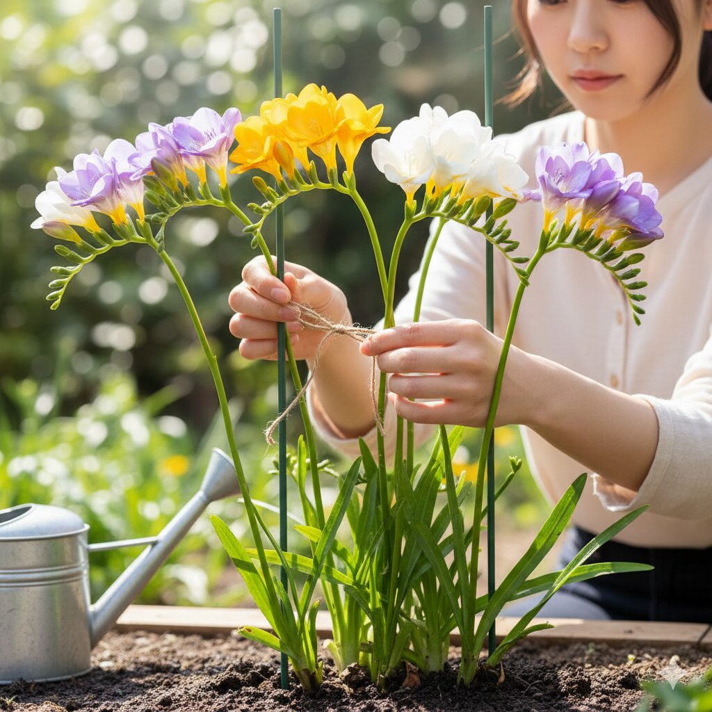 フリージア 何月5　開花したフリージアの茎が倒れないよう支柱と麻紐で誘引した様子