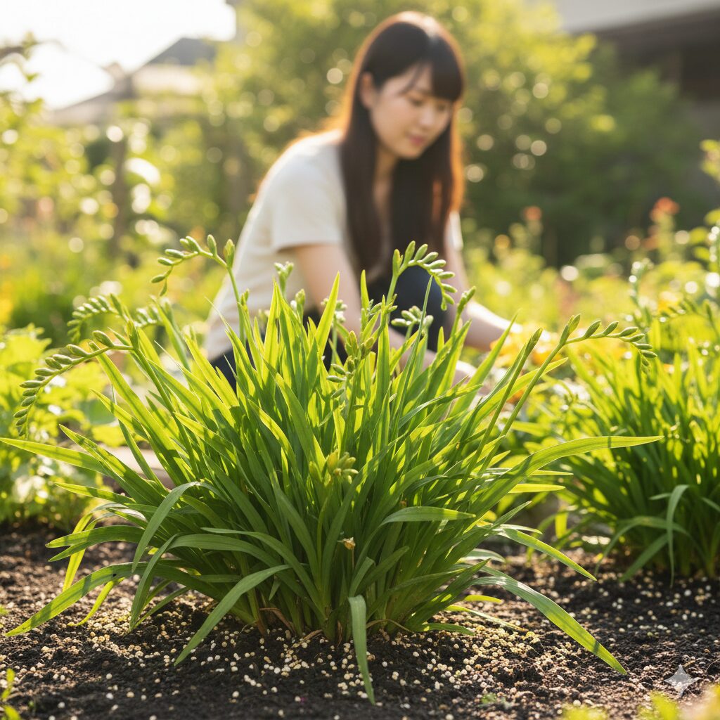 フリージア 何月6　花後に球根を太らせるために光合成を続けているフリージアの葉