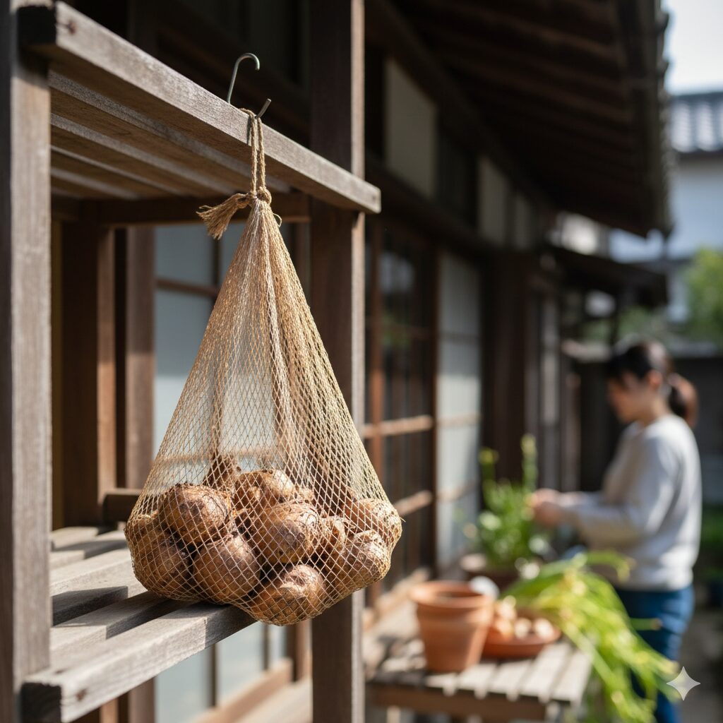 フリージア 何月7　掘り上げたフリージアの球根をネットに入れて日陰で乾燥保存している様子