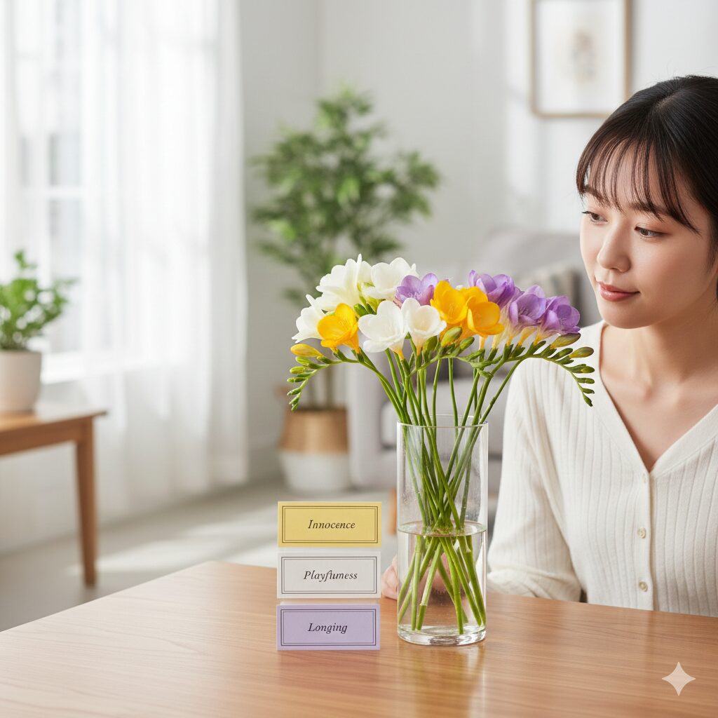 フリージア 何月8　リビングに飾られた色とりどりのフリージアの切り花と花言葉カード