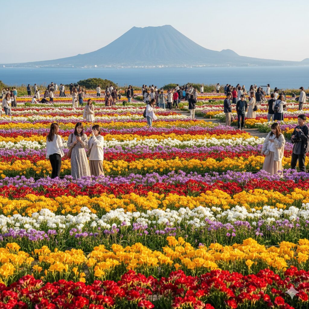 フリージア 何月9　八丈島フリージアまつりで満開の花畑と観光客、遠景に海と山