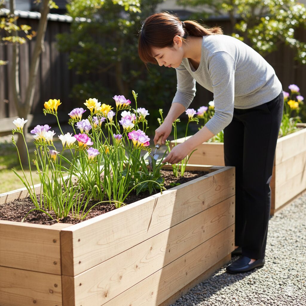 フリージア 毒性10 ペットや子供の接触を防ぐ安全な栽培環境として、高さのあるレイズドベッドで育てられるフリージア