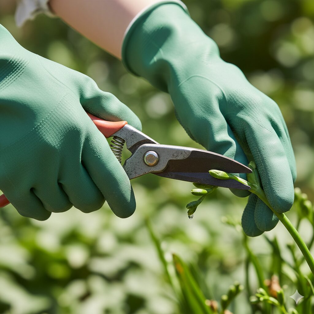 フリージア 毒性4 フリージアの汁液による皮膚炎を防ぐため、園芸用手袋を着用して茎を切る様子