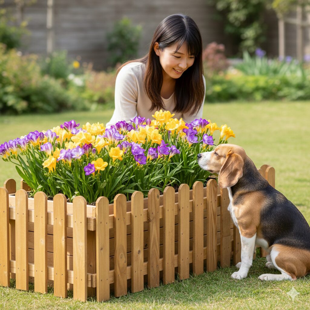 フリージア 毒性6 犬がフリージアの球根を掘り返さないよう、花壇の周囲に設置された防護フェンス