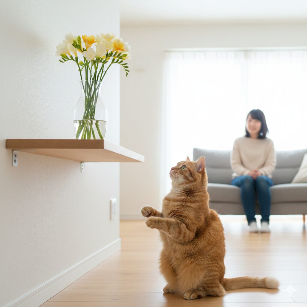 フリージア 毒性7 猫が葉を噛むのを防ぐため、高い位置のウォールシェルフに飾られたフリージア