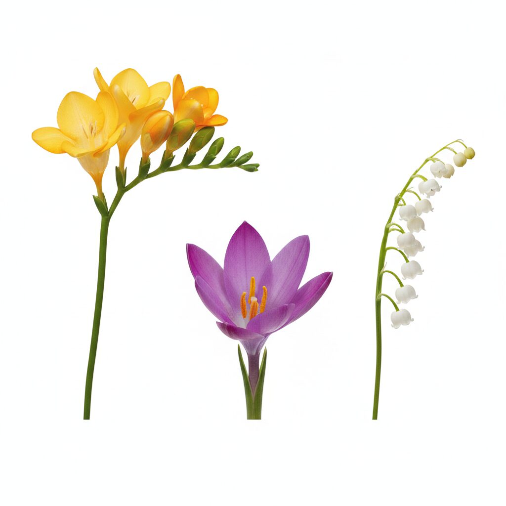 フリージア 毒性8 注意が必要な類似の有毒植物比較:フリージア、イヌサフラン、スズランの花