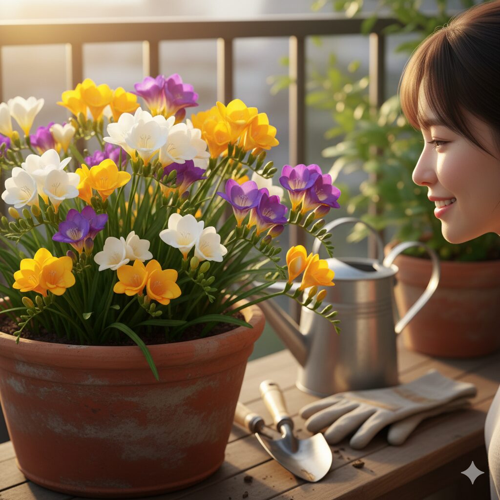 フリージア 育て方 プランター1　プランターで満開に咲き誇る色とりどりのフリージアの花