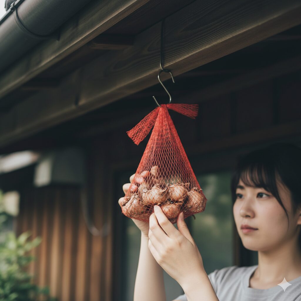 フリージア 育て方 プランター10 ネットに入れて風通しの良い日陰に吊るして保存されるフリージアの球根