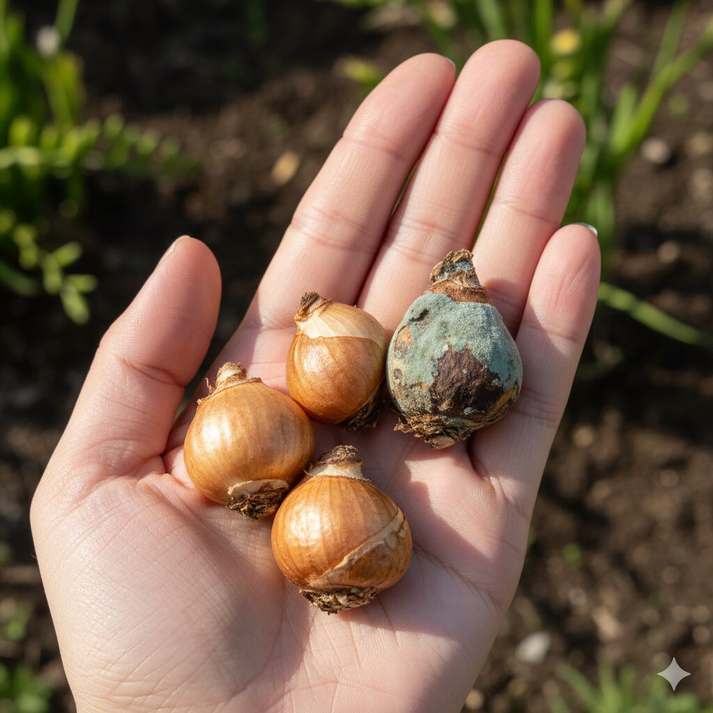 フリージア 育て方 プランター3 健康なフリージアの球根とカビが生えた悪い球根の比較