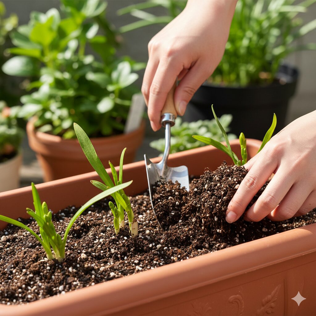 フリージア 育て方 プランター6 成長したフリージアの株元に新しい土を足す増し土の作業