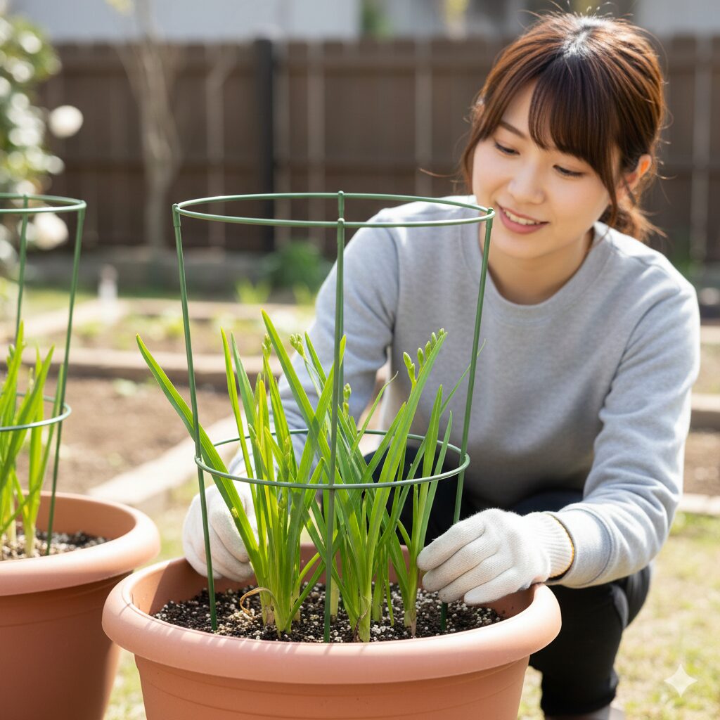 フリージア 育て方 プランター7 倒伏防止のために早めに設置されたフリージアのあんどん支柱