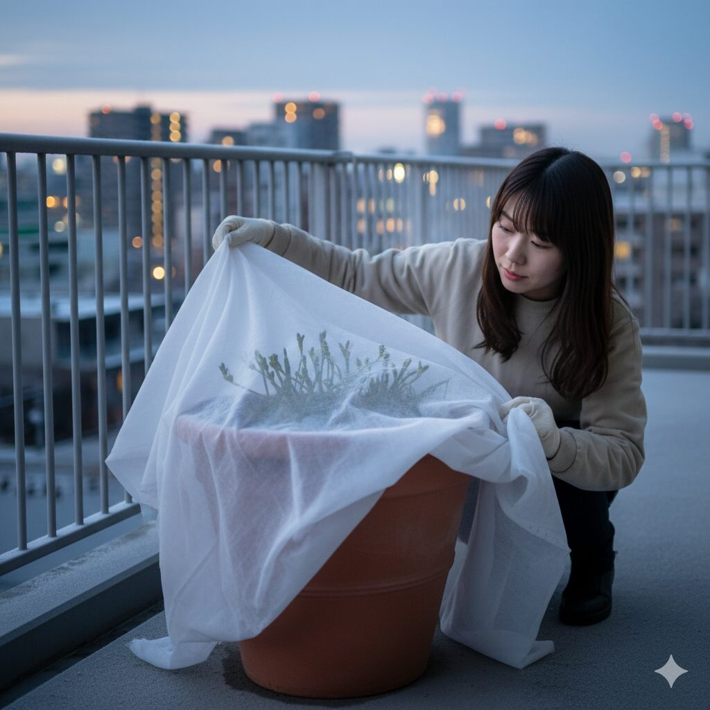 フリージア 育て方 プランター8 不織布で覆って防寒対策をした冬越中のフリージアのプランター