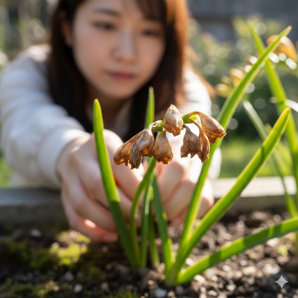 フリージア 育て方 プランター9 水切れや環境変化で茶色く枯れてしまったフリージアの蕾(ブラインド)