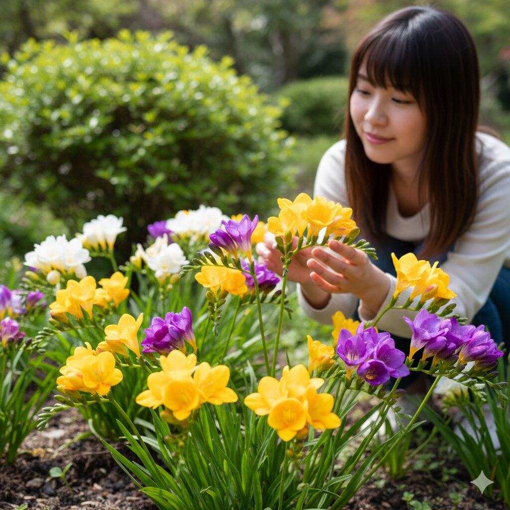 フリージア 葉っぱだけ1　春の庭で色鮮やかに満開となったフリージアの花