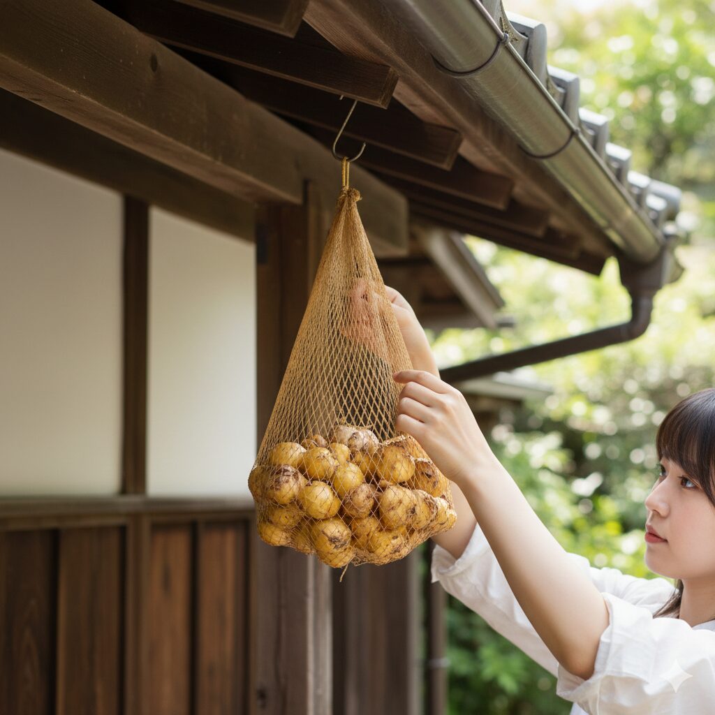 フリージア 葉っぱだけ10 掘り上げたフリージアの球根をネットに入れて風通しの良い日陰で保存する様子