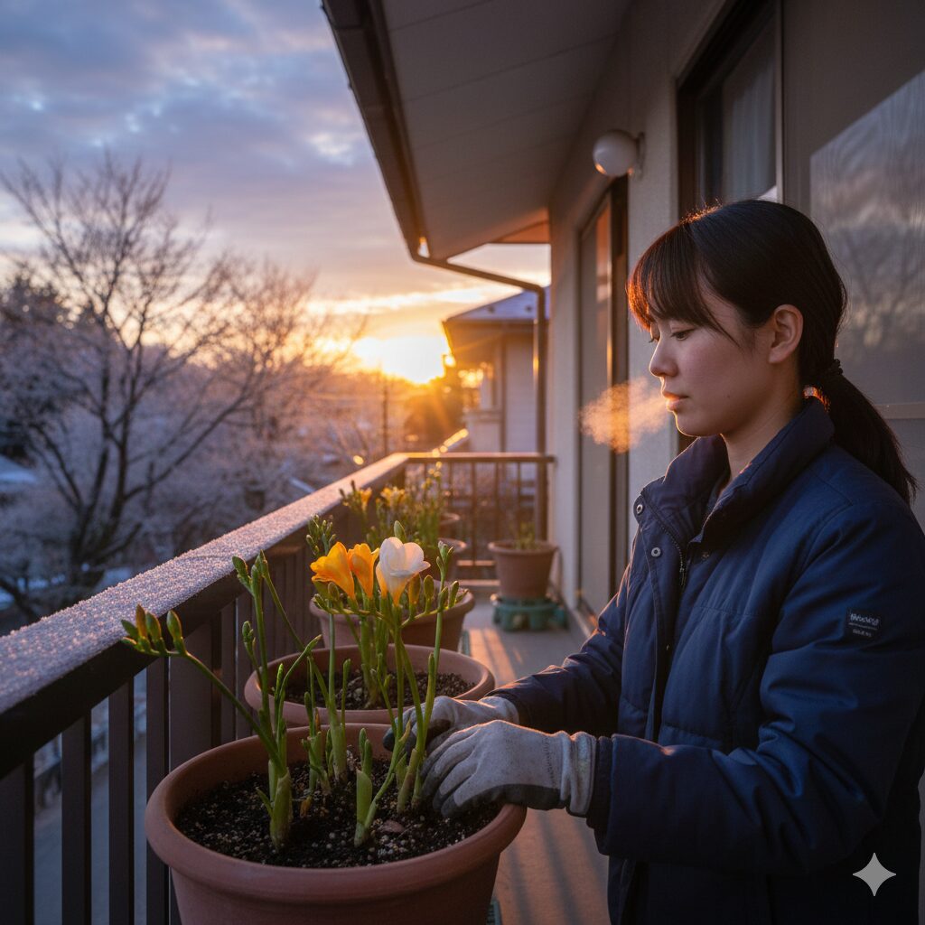 フリージア 葉っぱだけ3 花芽分化を促すために冬の冷涼な屋外で管理されるフリージアの鉢植え