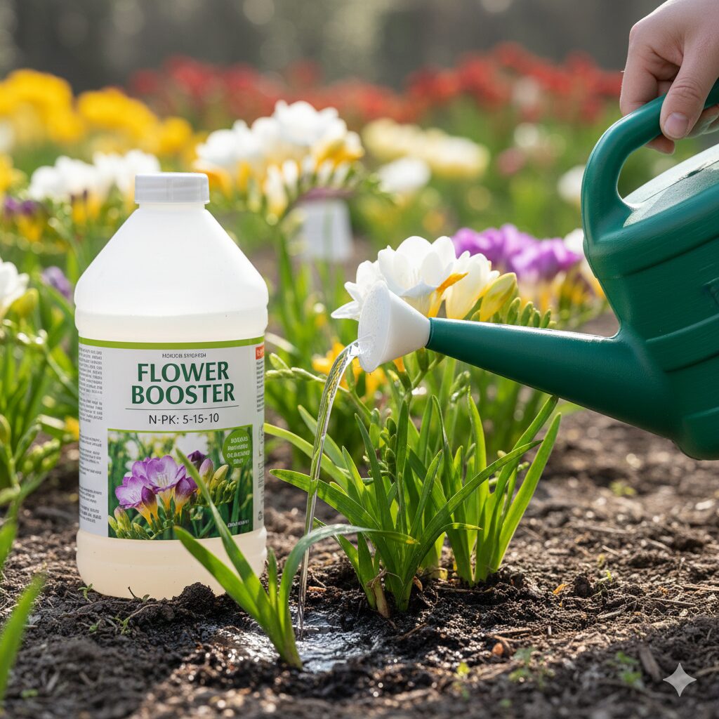 フリージア 葉っぱだけ5 フリージアの開花を助けるリン酸とカリ主体の肥料を与える様子