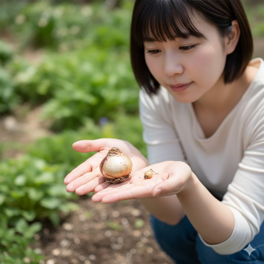 フリージア 葉っぱだけ6 フリージアの大きな開花球と小さな子球のサイズ比較