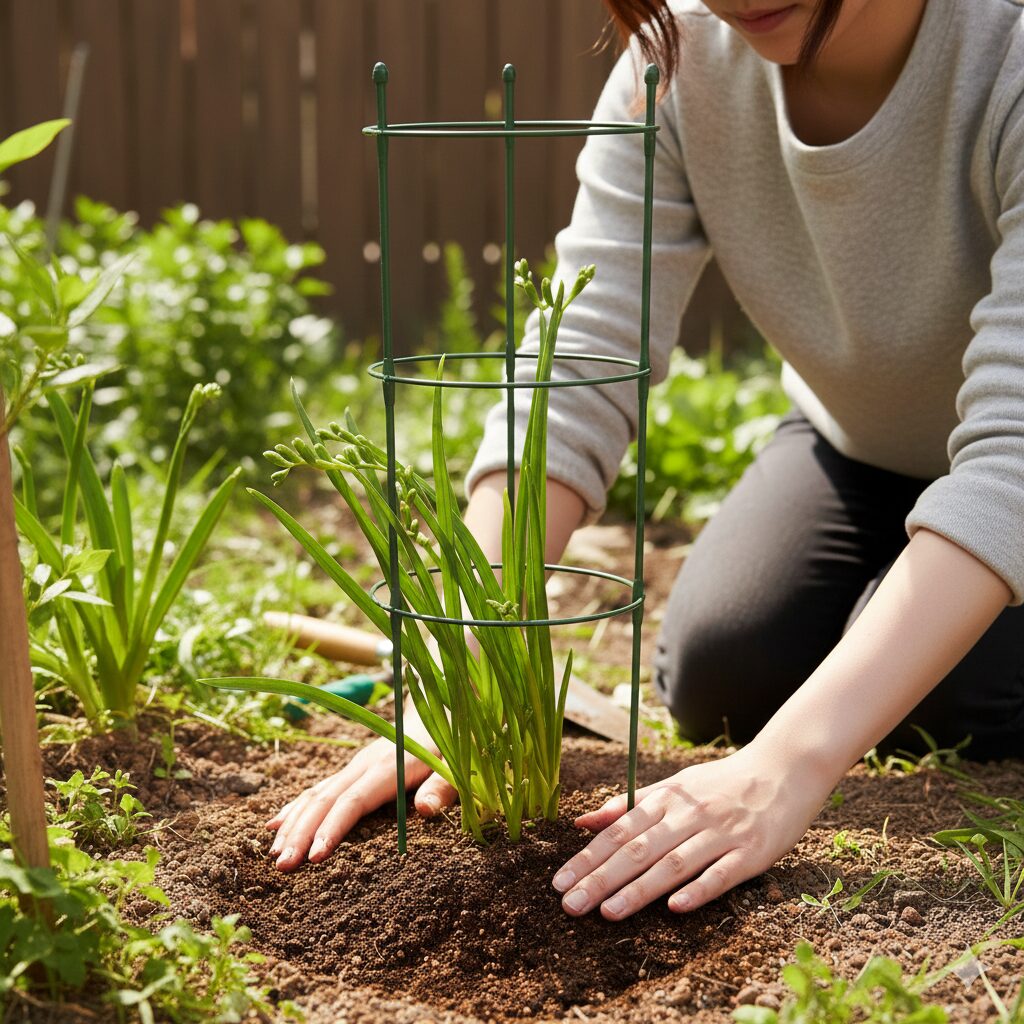 フリージア 葉っぱだけ7 倒伏防止のためにリング支柱で保護されたフリージアの株