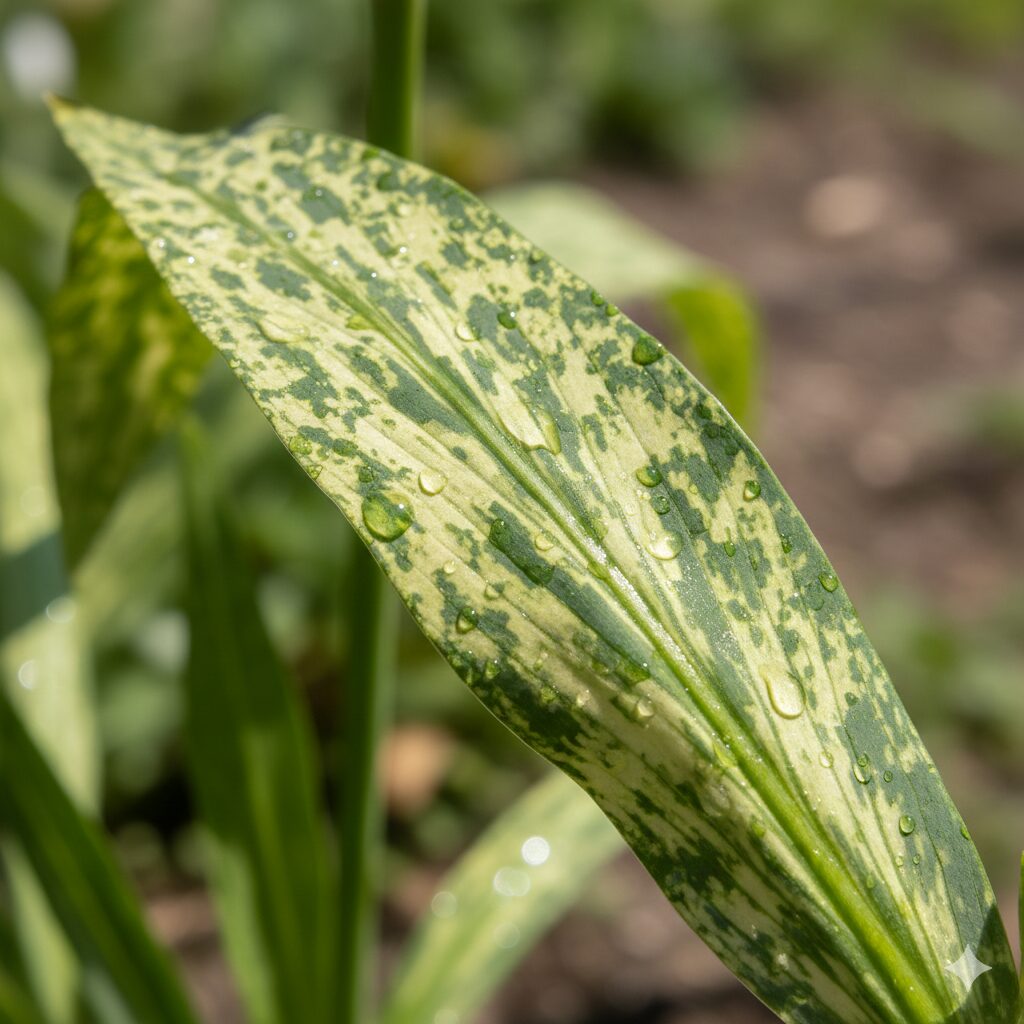 フリージア 葉っぱだけ9 モザイク病の症状である斑点模様が現れたフリージアの葉の異常