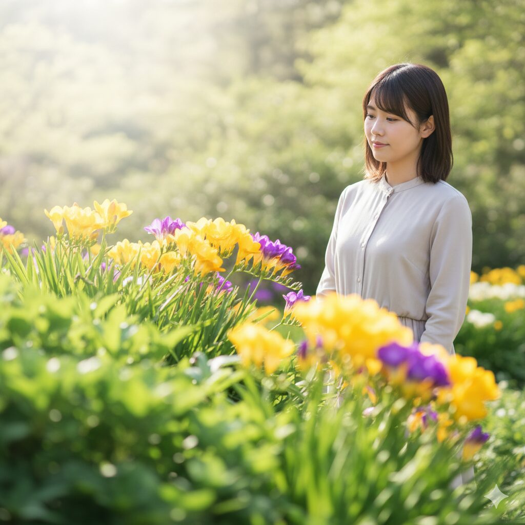 フリージア花が終わったら1　春の庭に咲き誇る色鮮やかで芳醇な香りのフリージア。来年も咲かせるための球根管理の重要性をイメージ。