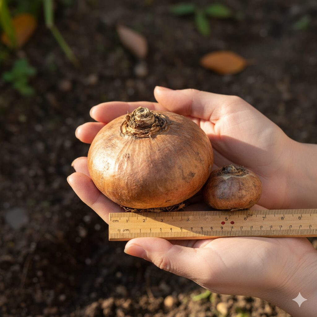 フリージア花が終わったら10　フリージアの開花に適した大きな球根のサイズ目安。重みがあり硬く締まった球根の選別。