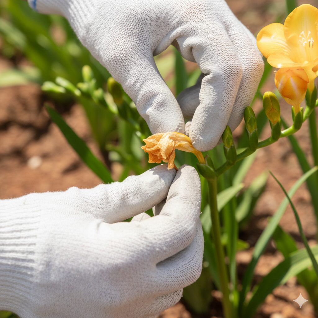 フリージア花が終わったら2　フリージアの花が終わったらすぐに行う花がら摘みの様子。種を作らせず球根に栄養を蓄える。
