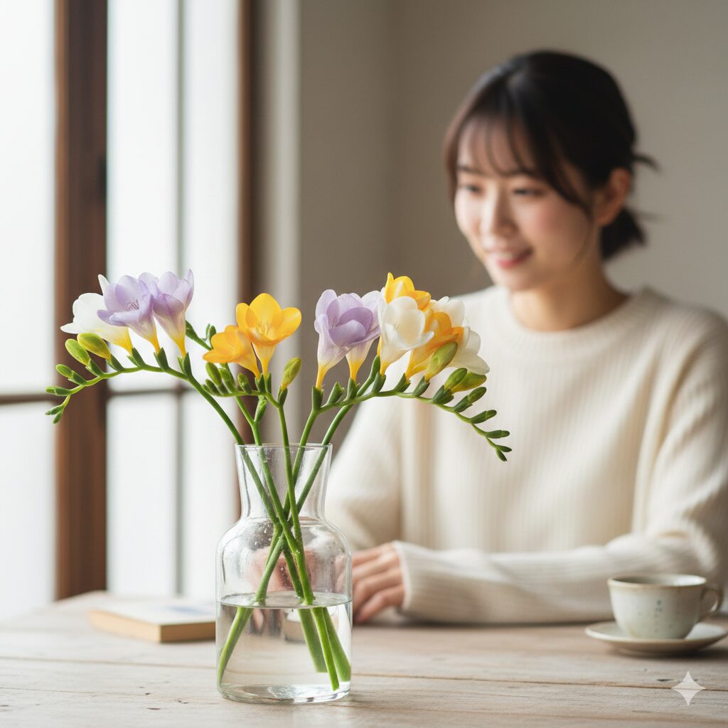 フリージア花が終わったら3　フリージアの切り花を長持ちさせる浅水管理。清潔な水と正しい切り戻しで鑑賞期間を延ばす。