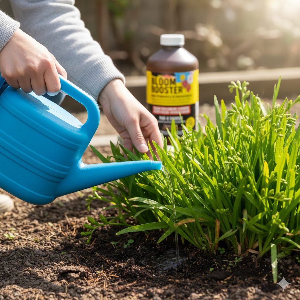 フリージア花が終わったら4　フリージアの開花後に球根を大きくするための「お礼肥」を与える様子。カリウム主体の肥料を使用。