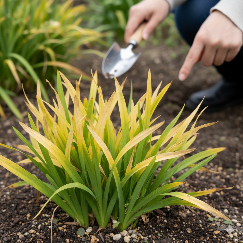 フリージア花が終わったら5　フリージアの葉が黄色くなる休眠のサイン。先端から均一に枯れていく正常な生理現象の様子。