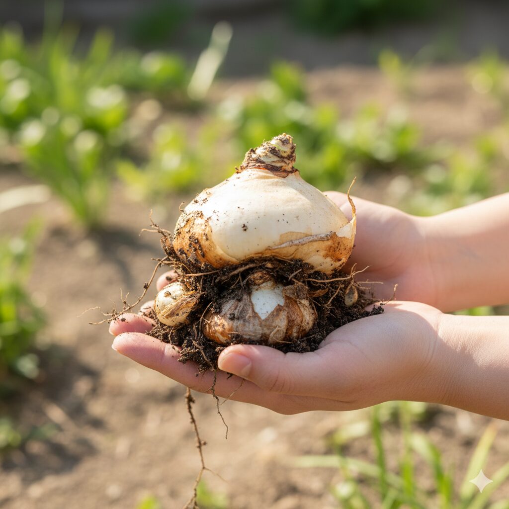 フリージア花が終わったら7　6月に掘り上げたフリージアの球根。古い球根の上に新球ができる独特の構造を解説。