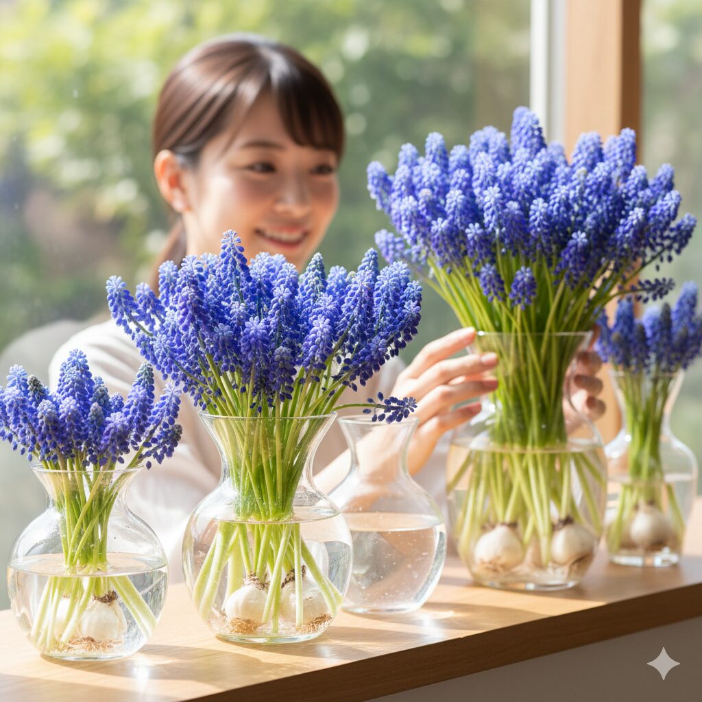 ムスカリ 水耕栽培 花が終わったら1　窓際で美しく咲く水耕栽培のムスカリとガラス容器