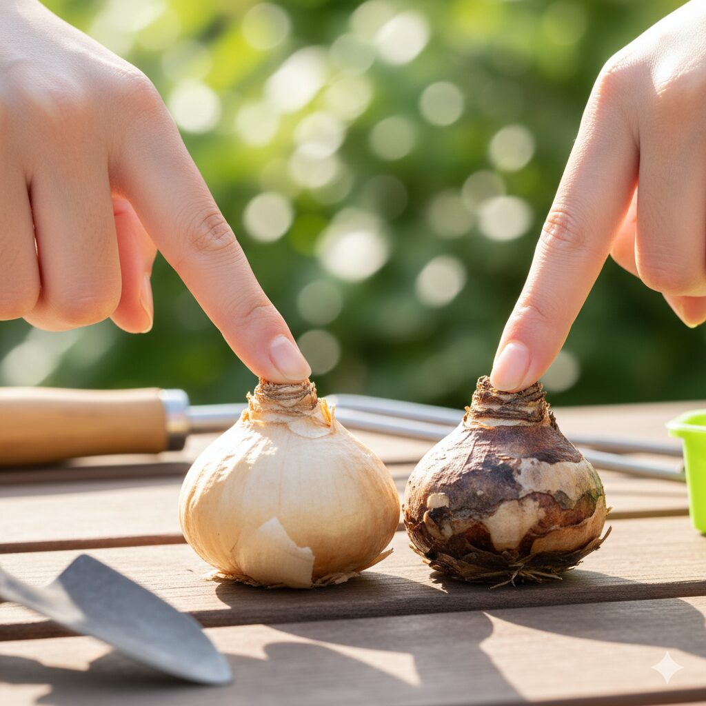 ムスカリ 水耕栽培 花が終わったら10 指先で球根の硬さをチェックしている比較写真。左側は硬く充実した健康な球根、右側は柔らかく変色した廃棄すべき球根を並べた比較。