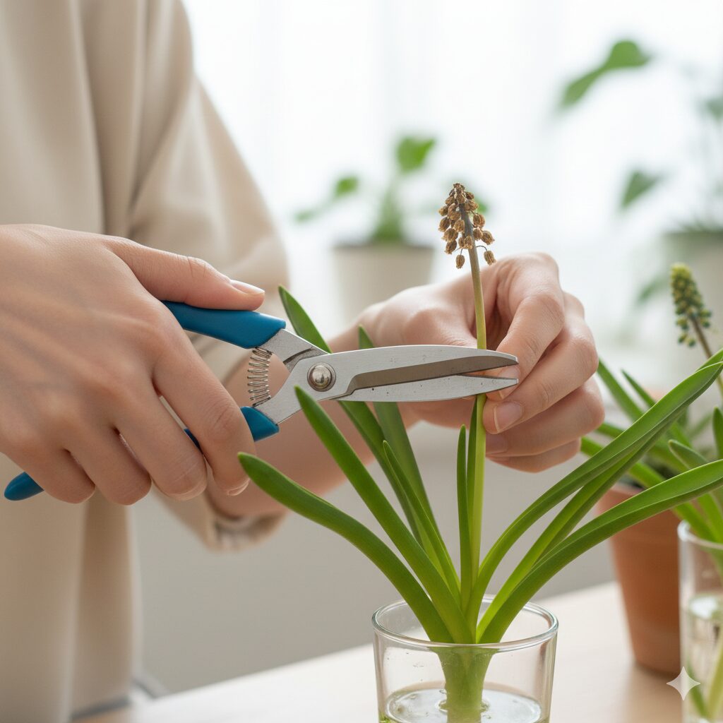 ムスカリ 水耕栽培 花が終わったら3 翌年の開花のためにムスカリの花がらをハサミで摘み取る作業