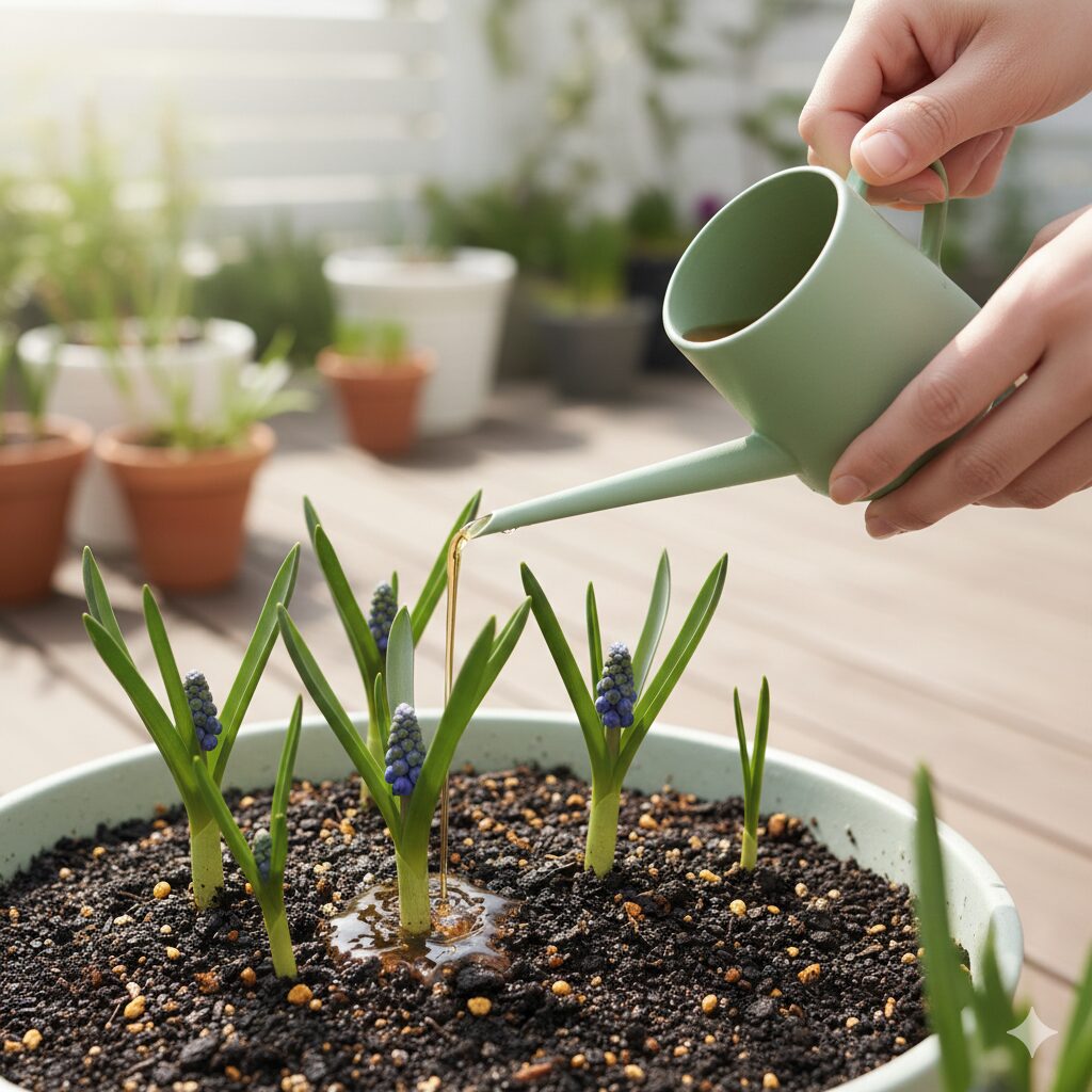 ムスカリ 水耕栽培 花が終わったら6 球根を大きくするために植え替え後のムスカリにお礼肥の液体肥料を与える様子