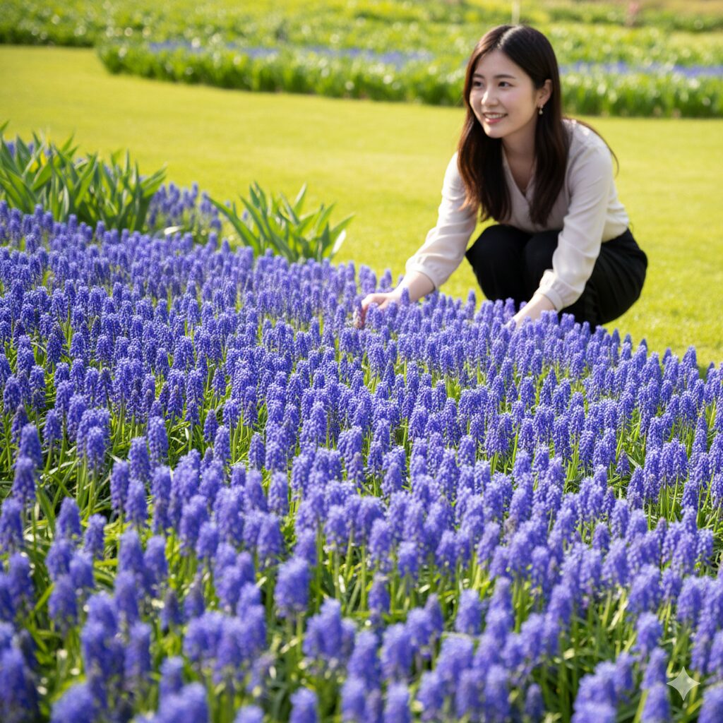 ムスカリ 球根 保存1　春の庭に満開に咲き誇る鮮やかな青紫色のムスカリの花