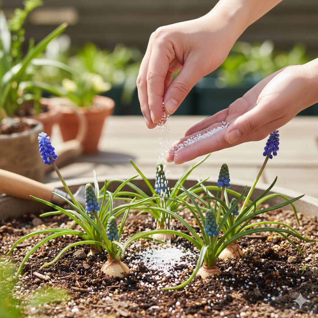 ムスカリ 球根 保存10 球根を太らせるために花後の株元へ与えるお礼肥と苦土石灰
