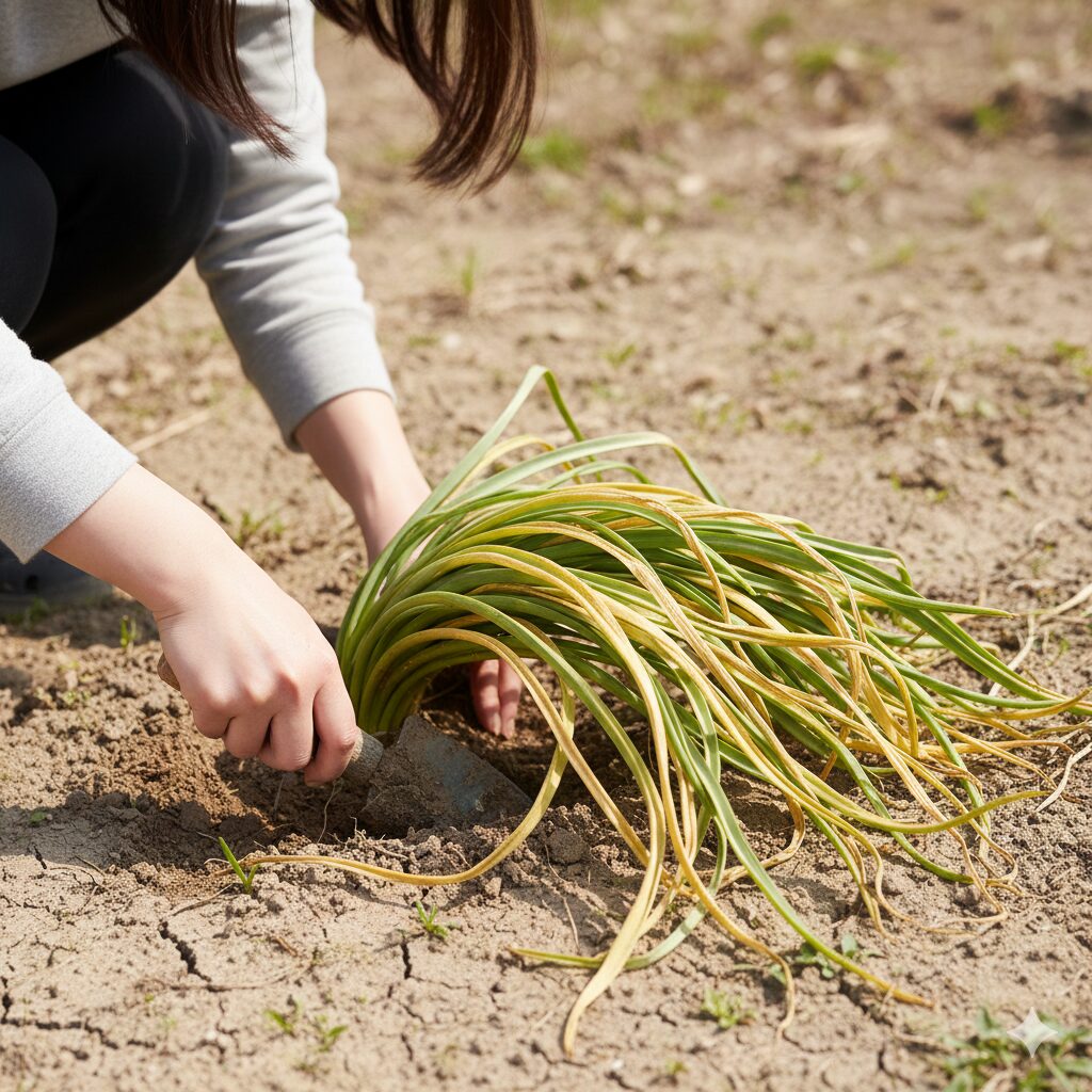ムスカリ 球根 保存2 掘り上げ時期の目安となる、葉が黄色く枯れ始めた休眠期のムスカリ